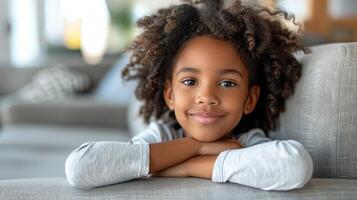 A young girl with curly hair comfortably seated on a sofa photo