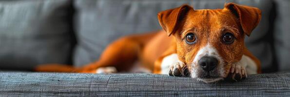 A brown and white dog relaxes on top of a comfortable couch photo