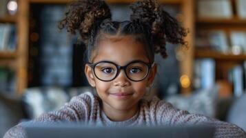 un joven niña con lentes miradas a un ordenador portátil pantalla atentamente foto