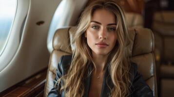 A woman sitting in an airplane and making eye contact with the camera photo