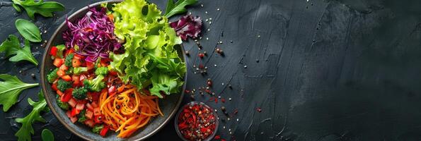 un plato lleno con un variedad de Fresco vegetales tal como lechuga, zanahorias, y rojo pimientos foto