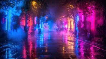 City street filled with various colorful lights creating a vibrant and lively atmosphere photo