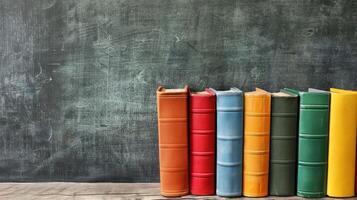 Books lined up in front of a chalkboard in a classroom setting photo