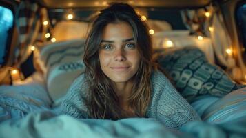 A woman is laying on top of a bed, covered by a blanket photo