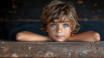A young boy with striking blue eyes seated on a rustic wooden bench photo