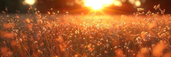 The sun sets in the background of a vast field of grass photo