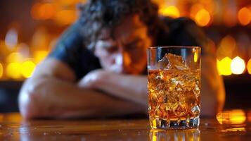 un hombre sentado a un mesa, participación un vaso de alcohol foto