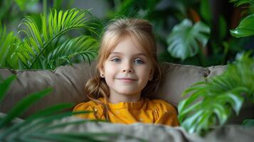 A young girl comfortably seated on a sofa in a room filled with various potted plants photo