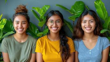 Three girls sit together in front of lush green plants photo