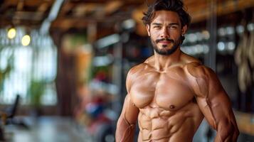 un hombre con un barba posando para un imagen sin un camisa en foto