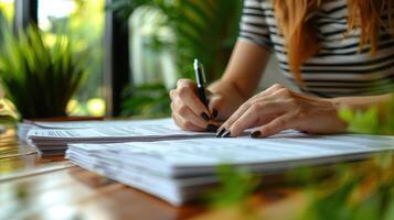 un mujer sentado a un mesa, enfocado en escritura en un pedazo de papel foto