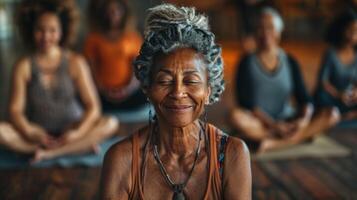 Elderly lady enjoying a relaxing yoga session with others photo