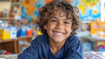 un joven chico se sienta a un mesa, sonriente felizmente foto