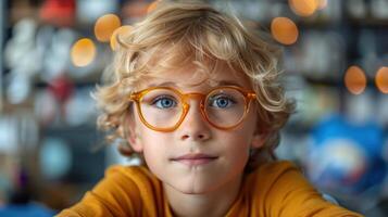 A young boy, wearing glasses, making eye contact with the camera photo