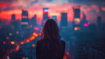 un mujer soportes en un alto ventaja punto, mirando fuera terminado un ciudad brillantemente iluminado por noche luces foto