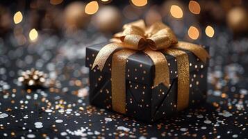 Black gift box adorned with a gold bow, against a plain background photo