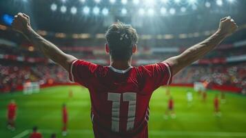 A man enthusiastically celebrates with his hands up at a soccer game photo