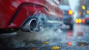 A detailed view of a red car emitting smoke from its engine photo