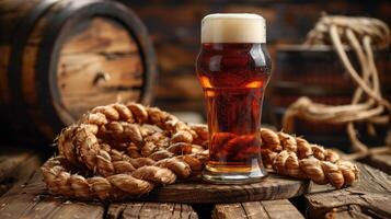 A glass of beer resting on a wooden table photo