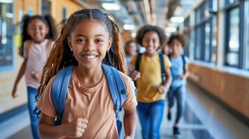 Children in a group walking down a hallway photo