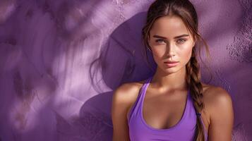 A young woman wearing a purple tank top photo