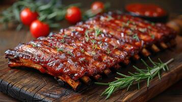Detailed view of ribs on a wooden cutting board photo