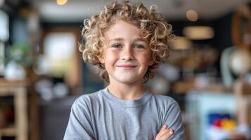 A little boy stands with arms crossed photo