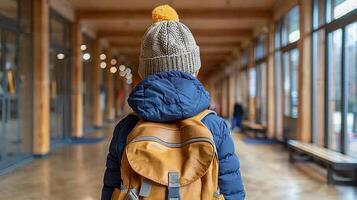 Child with backpack indoors wearing a beanie photo