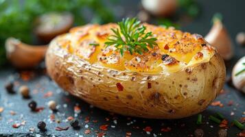 A close-up view of a baked potato sitting on a table photo