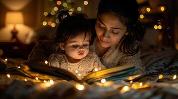 un mujer sentado y leyendo un libro a un pequeño niña foto