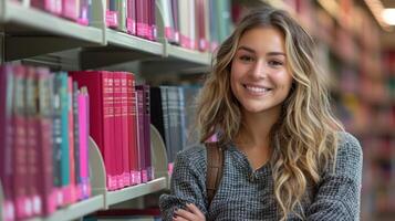 A woman stands in front of a bookshelf photo