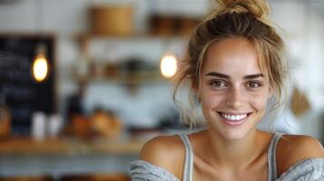 un mujer con un bollo en su pelo sonrisas felizmente foto