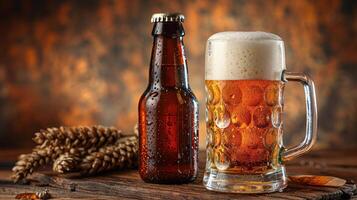 Glass of beer placed beside a bottle of beer on a table photo