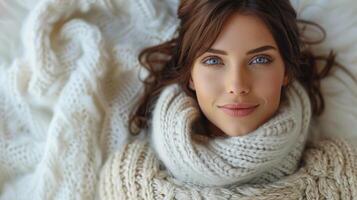 A woman resting on a white blanket photo