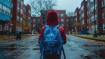 estudiante en rojo capucha frente a colegio foto