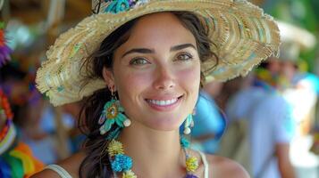 A woman wearing a straw hat and colorful earrings photo