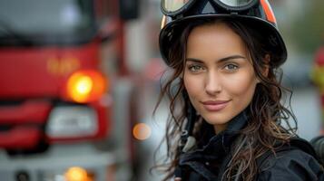 Woman in protective gear stands by fire truck photo