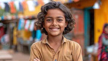 A young boy standing in front of a storefront photo