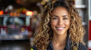 A woman poses confidently in front of a red fire truck photo