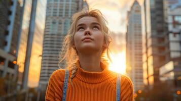 Woman standing still surrounded by cityscape and buildings photo