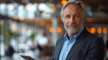 A man in a suit holding a tablet device photo