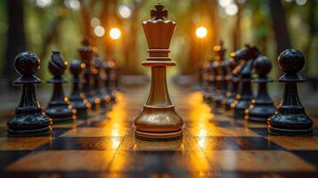 ajedrez tablero presentando un dorado Rey pedazo foto