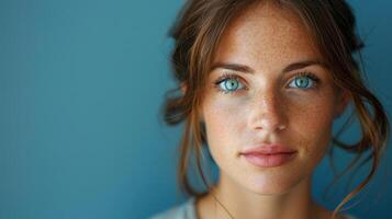 A young woman with striking blue eyes poses for a picture photo