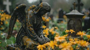 Statue of an angel seated on a grave amid colorful flowers photo