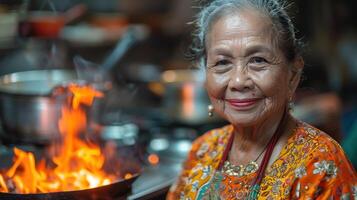 A woman is standing in front of a pot filled with food, ready to serve photo