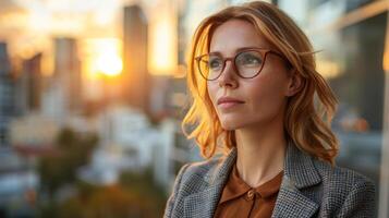 A woman with glasses is standing in front of a window photo
