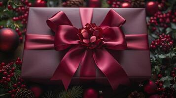 Red ribbon wrapped around a Christmas present photo