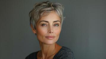 A woman with grey hair wearing a black shirt photo