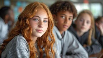 Young individuals gathered closely, seated in a row photo