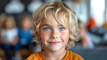 un joven chico con azul ojos y rubia pelo en pie al aire libre foto